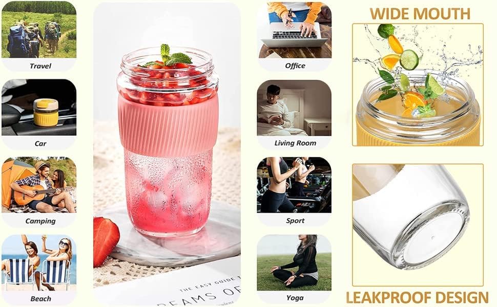 Image of Dual Shaker Glass Mug with Lid and Straw Coffee Tumbler Mug Anti-Slip Silicone Band,Leak-Proof Travel Cup Sipper Bottle for Hot & Cold Drinks - (Multi Color, 500ml)