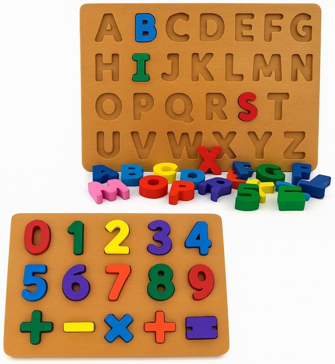 Kit 2 Brinquedos Educativo Tabuleiro Letras e Numeros 43 Peças Brinquedo Didático Encaixe Madeira Premium