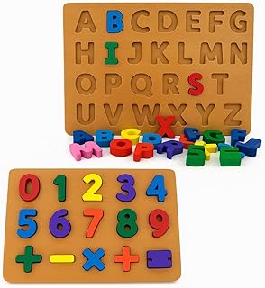 Kit 2 Brinquedos Educativo Tabuleiro Letras e Numeros 43 Peças Brinquedo Didático Encaixe Madeira Premium