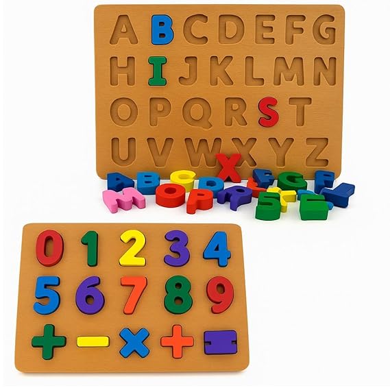 Kit 2 Brinquedos Educativo Tabuleiro Letras e Numeros 43 Peças Brinquedo Didático Encaixe Madeira Premium