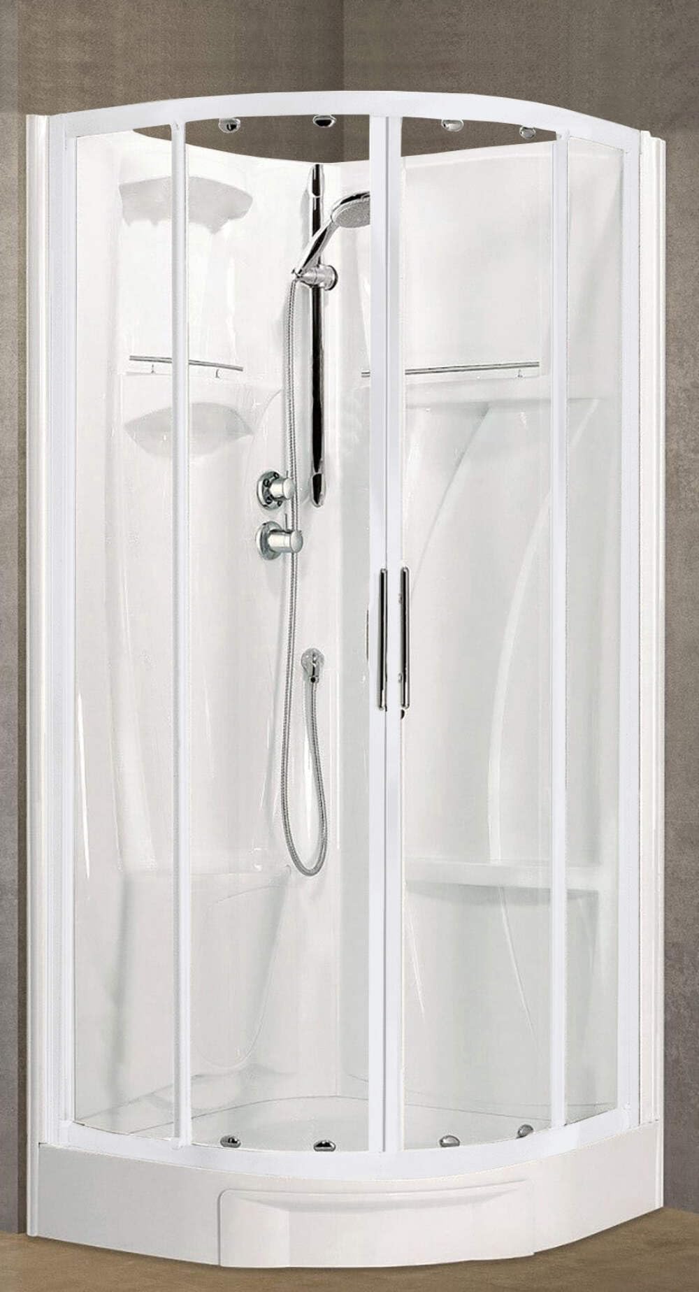 Novellini New Holiday R90 Standard 90 x 90 cm Cabina de ducha multifunción curvada 2 puertas correderas y 2 fijas ángulo izquierdo derecho mezclador mecánico cristal transparente perfil blanco altura