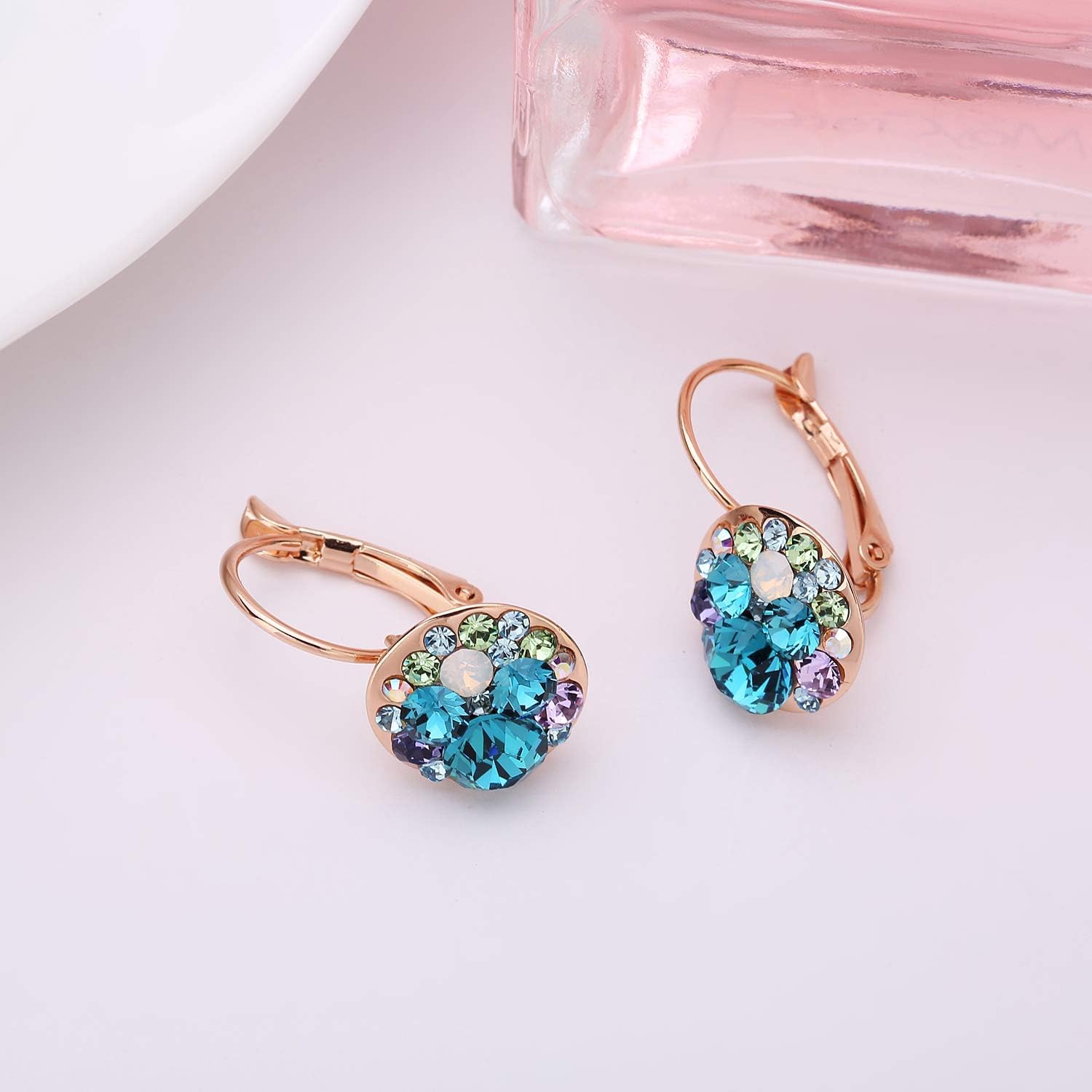 Multicolored Austrian Crystal Leverback Earrings for Women 14K Gold Plated Dangle Hoop Earrings Hypoallergenic Jewelry - Image 5