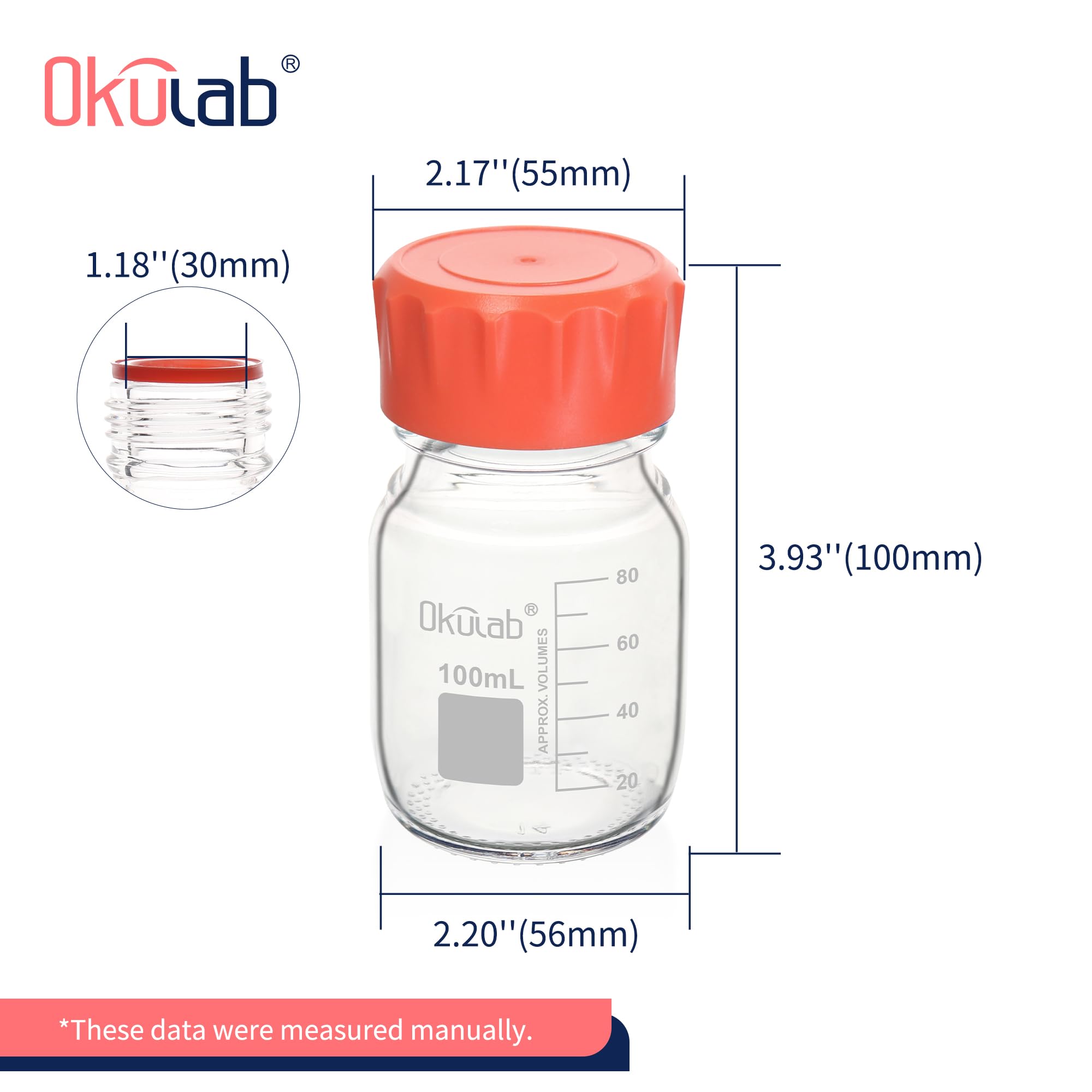 6 botellas redondas de almacenamiento de medios de 100 ml, vidrio de borosilicato 3.3, con tapas de rosca GL45 en material de polipropileno, GL45RB100A6