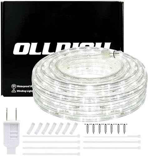 20ft LED Rope Lights, IP65 Waterproof Connectable 110V 6000K 144LED Daylight White Rope Lighting, Flexible Plug-in String Lights for Outdoor Indoor