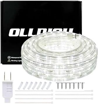 20ft LED Rope Lights, IP65 Waterproof Connectable 110V 6000K 144LED Daylight White Rope Lighting, Flexible Plug-in String Lights for Outdoor Indoor Patio Christmas Halloween Party Decoration