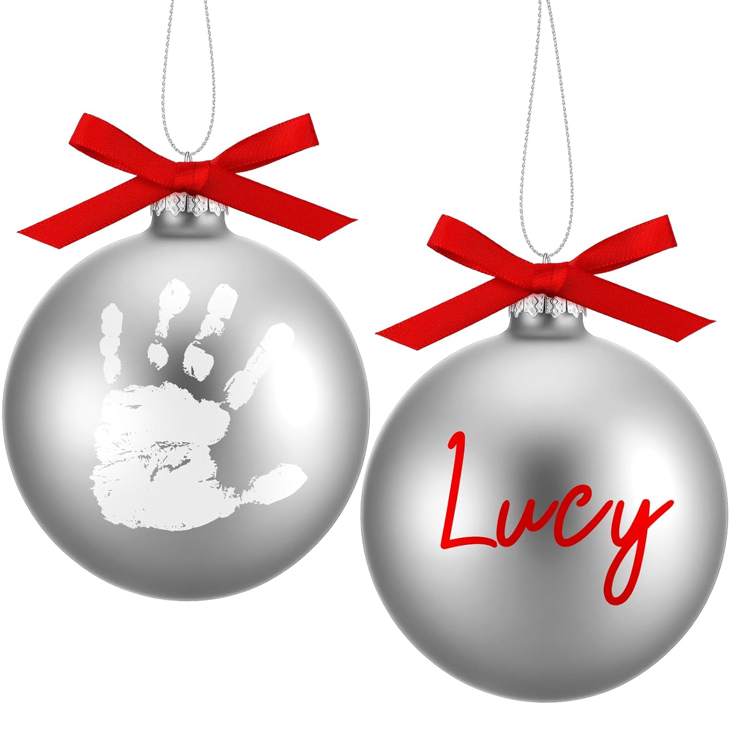 Soaoo 2 Pcs Christmas Hanging Baby Handprint Ball Ornament Kit Included Ribbon Marker 4 Inch Glass Footprint DIY Ornament Christmas Newborn Holiday Keepsake for Xmas Tree Home Decor(Sliver) - Image 1 of 7