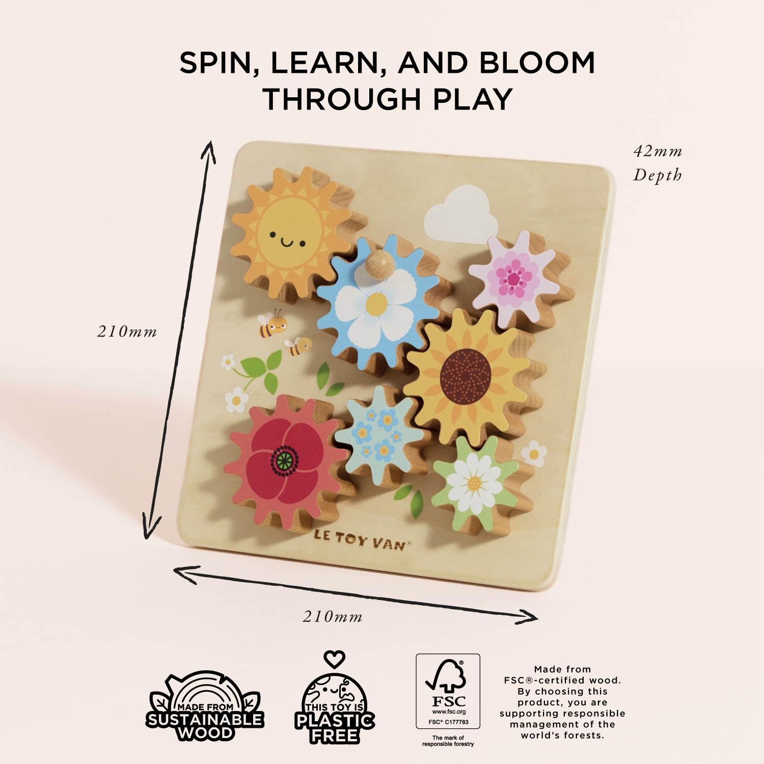 Le Toy Van - PL095 - Gioco educativo in legno per bambini 1 anno con 7 ingranaggi rotanti e 3 maniglie a forma di ape, giocattolo Montessori per lo sviluppo sensoriale e delle capacità motorie fini