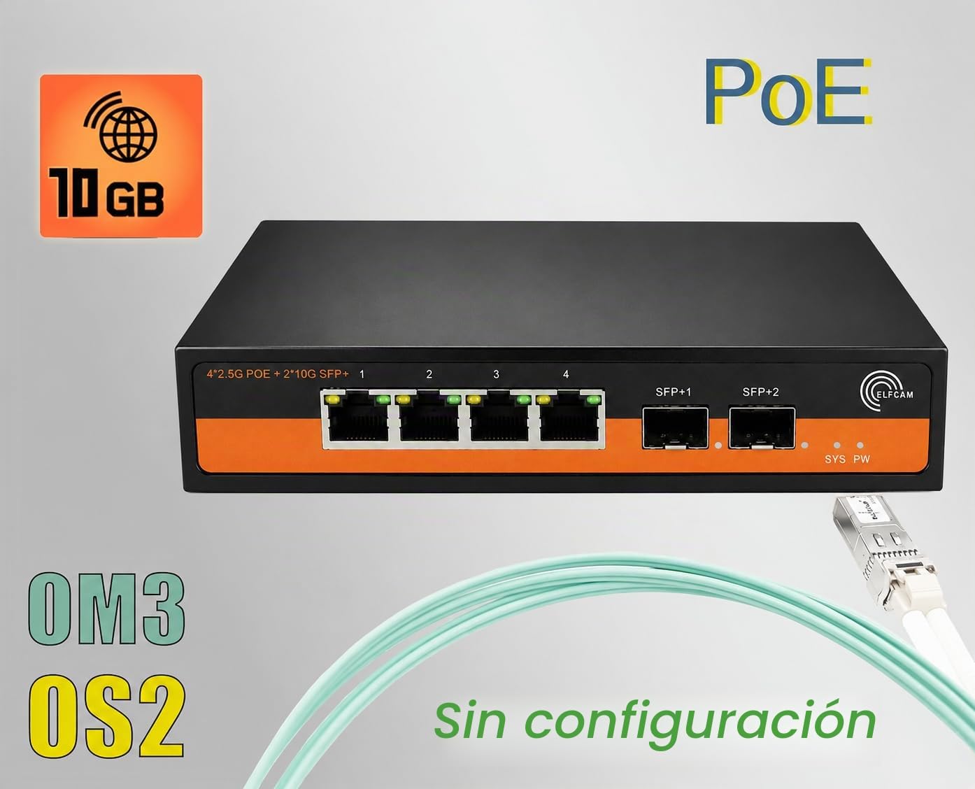 Elfcam® - 10Gbps Fibre Optic Switch Compatible with Cisco, with 2 x 10G SFP+ Puertos y 4 x 2.5 Gigabit Ethernet RJ45 PoE Ports, Plug & Play Unmanaged (2 x 10Gb SFP+ Puertos y 4 x 2.5G RJ45 PoE)