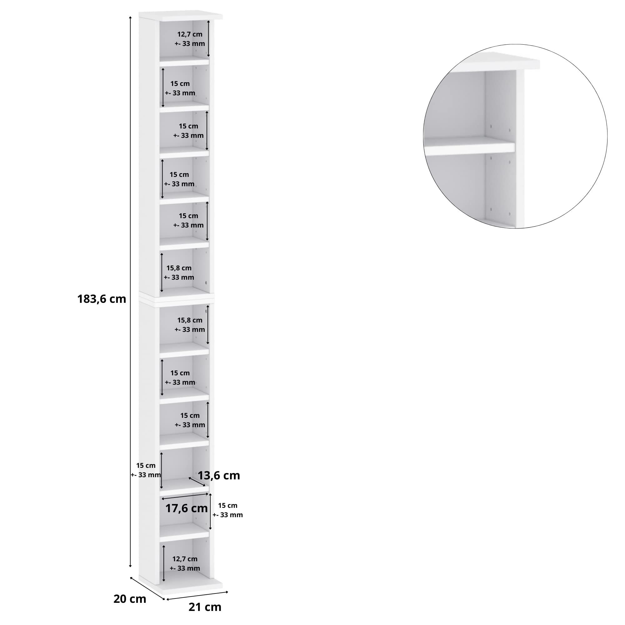 Étagère pour CD DVD Bibliothèque - Espace pour 102/204 CD ou 36/72 DVD/Blue Ray - Étagère de Salon - Étagère à Livres - 12 Étagères - Blanche - 21 cm x 20 cm x 183,6 cm