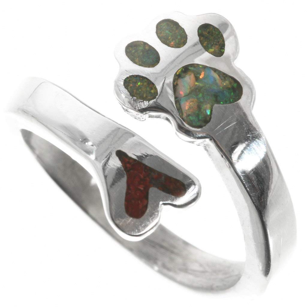 Opal Coral Silver Navajo Bypass Ring Heart Puppy Paw Design Adjustable 5 to 8 Sizes 1555