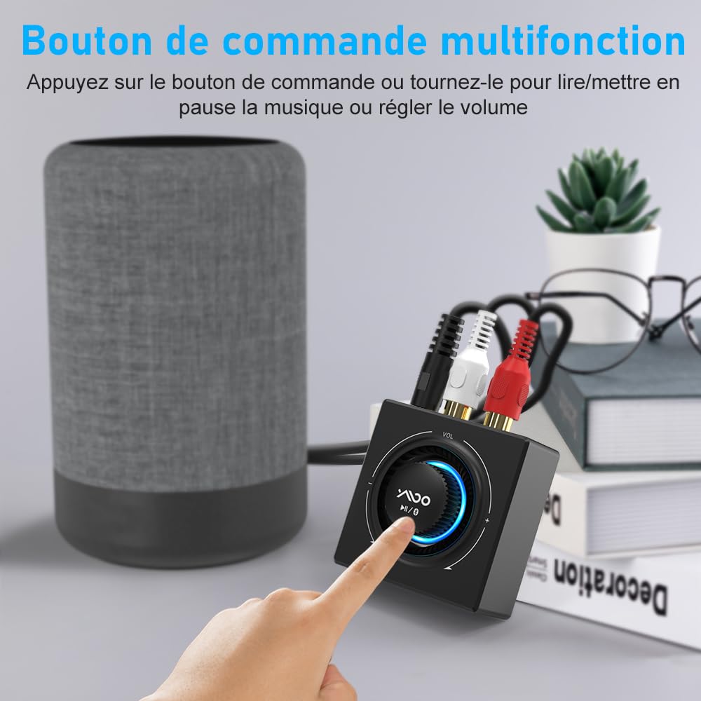 YMOO Recepteur Bluetooth 5.3, RCA 3,5 mm Jack AUX Adaptateur Bluetooth SBC AAC,Stereo Audio HiFi Receiver pour Smartphone, Tablette, Ordinateur Portable, Enceinte Home Cinema,100ft