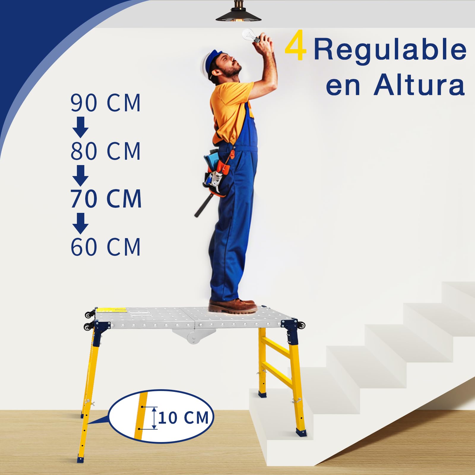 VKE Plataforma de Trabajo 120 × 36 × 90 CM de Chapa Galvanizada, 500 KG de Capacidad de Carga, Andamio Portátil, Escalera Andamio Plegable con 4 Ruedas Universales, Regulable en Altura