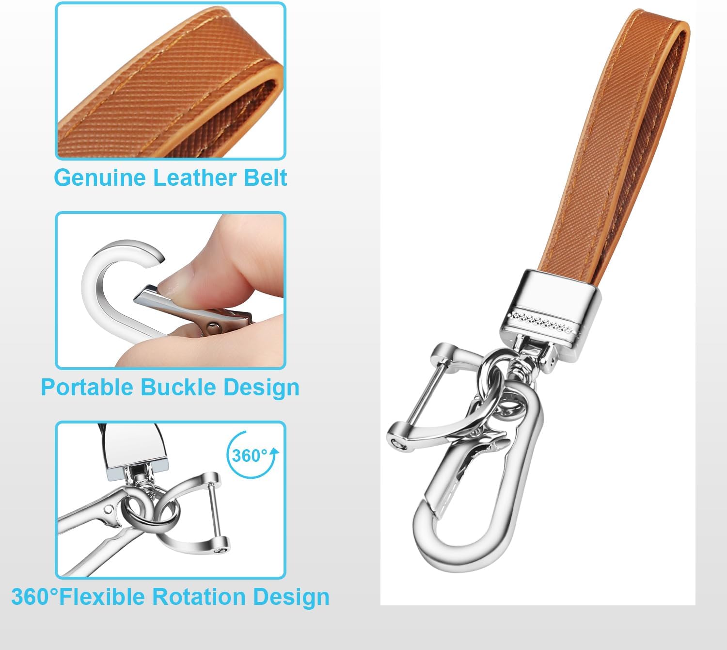QBUC Genuine Leather Car Keychain,Universal Heavy Duty Metal Key Chain Accessories,Car Fob Key Keychain Holder with 360 Degree Rotatable Snap Swivel and Anti-Lost D-Ring for Men Women(Brown) - Image 3