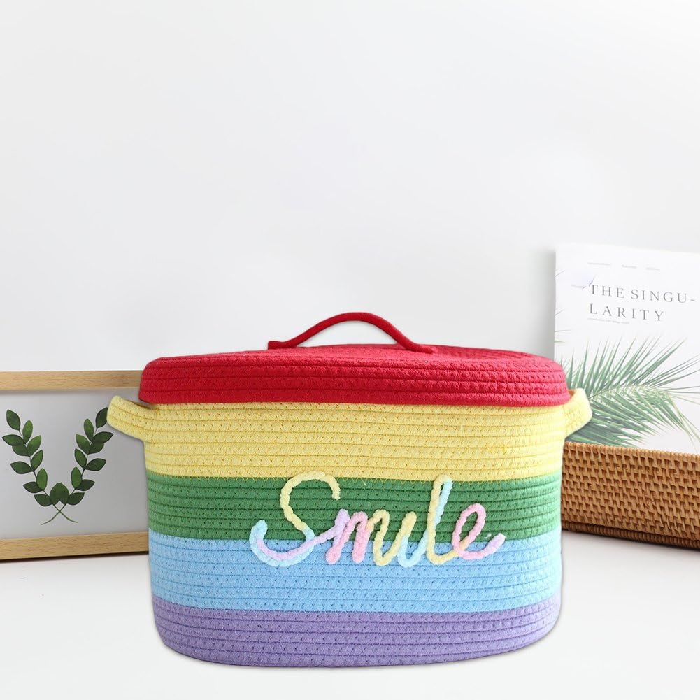 Cesto Portaoggetti Intrecciato Arcobaleno con Coperchio, Contenitore in Corda di Cotone, Grande Scatola Organizer per Biancheria, Giocattoli, Vestiti Sporchi, Trapunte