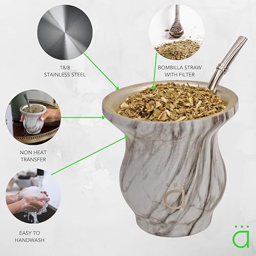 Miniatura 3 de Kalmateh Modern Yerba Mate Gourd - Doble pared de acero inoxidable 188, incluye bombilla y un cepillo de limpieza, 9 onzas, 9.1fl oz (mármol)