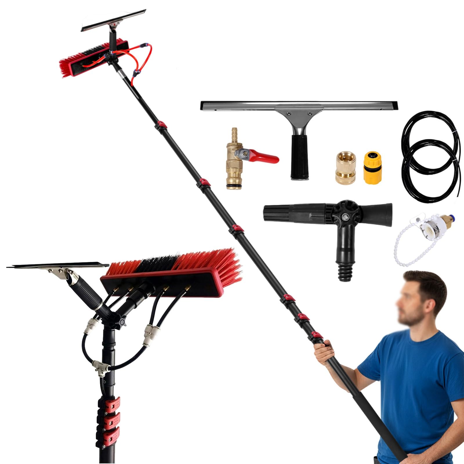 Cepillo/Escoba Limpiador Extensible 3.6-10.8 m con Agua a Presión - Limpiador de Ventanas, Paredes y Coches, Palo Telescopico, Limpia Placas y Paneles Solares, Hidrolimpiadora(12FT/3.6M)