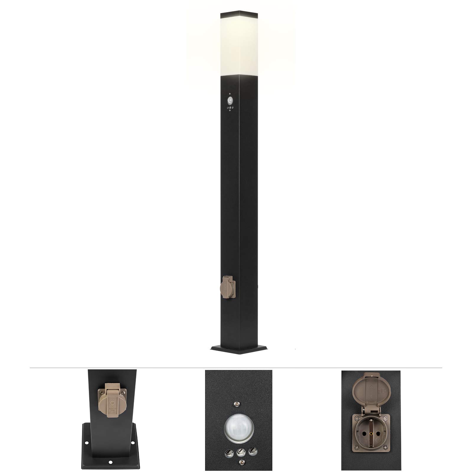 Grafner XL Wegeleuchte mit Bewegungsmelder und 2 Steckdosen, Höhe: 100 cm, Aluminium, E27, schwarz anthrazit, Wegleuchte Weglampe Gartenlampe Gartenleuchte Standlampe Außenstandleuchte Pollerleuchte