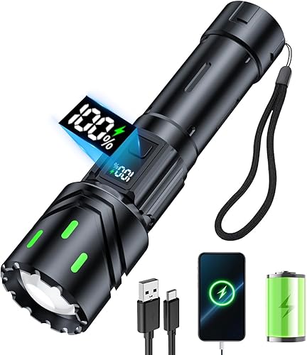 Linternas recargables de alto lúmenes, luz LED súper brillante, linternas tácticas con pantalla LCD de alimentación, 5 modos, impermeable, linterna