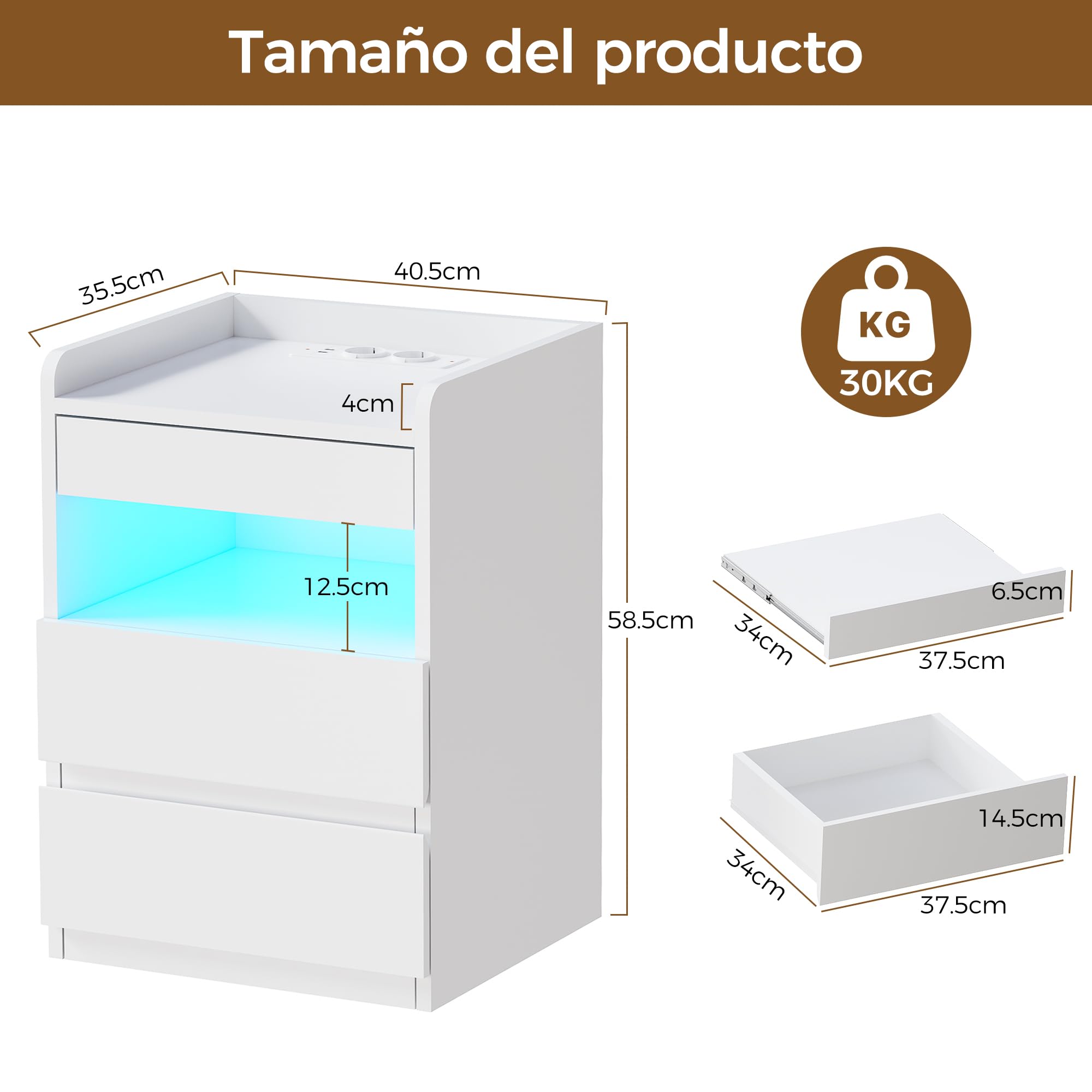 BEWISHOME Juego de 2 Mesitas de Noche,con Compartimento Oculto,con Luces LED y Estación de Carga Mesas Auxiliares(2 Tomas AC 2 Puertos USB),para Salón,Dormitorio (Blanco) EFCG02W
