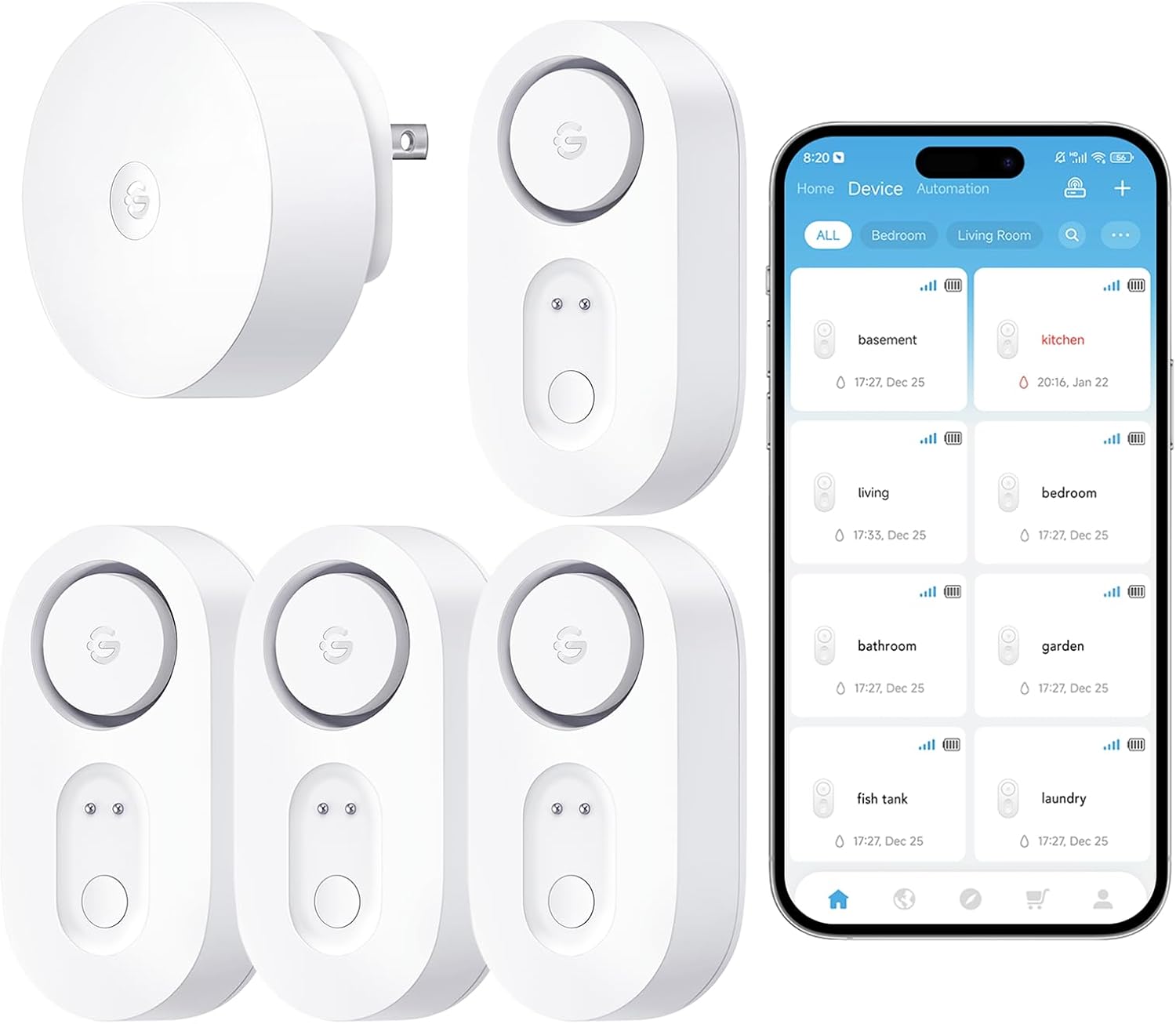 GoveeLife WiFi Water Leak Detector for Home Bundle with sub-Device with 105dB Adjustable Alarm,Water Sensor with 1804ft Long Monitoring Rang