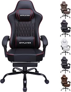 GTPLAYER Gaming Stuhl, Bürostuhl, Ergonomischer PC Stuhl, Höhenverstellbarer Drehstuhl,Armlehnen mit Synchronmechanik, Lendenkissen, Kopfkissen, bis 150 kg Belastbarkeit, Kunstleder, Schwarzrot