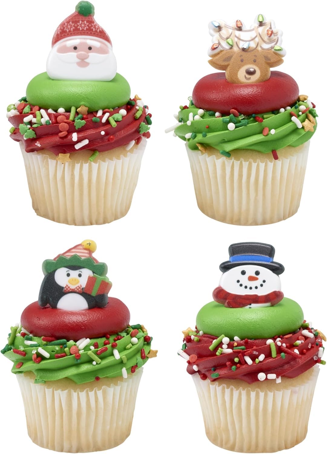 Culpitt Red, White, Black Holiday Icons Rings, Christmas Cupcake Decorations, Snowman, Santa, Rudolph Penguin, Multi-Coloured Cupcake Toppers – 24 Pack