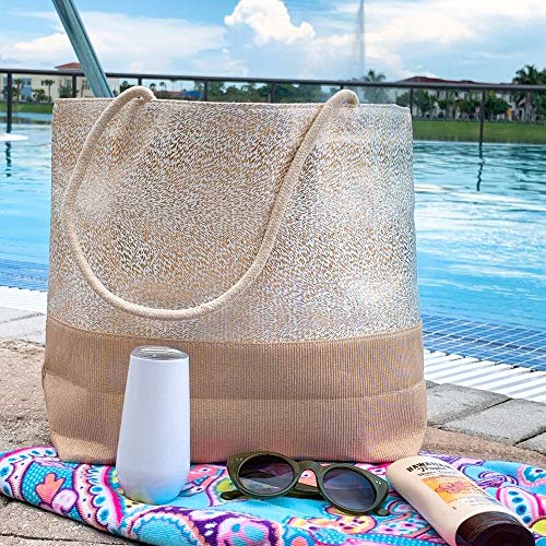 Beach Bag Large for Gym Beach Travel Daily Tote Bags with Top Zipper Closure, Cotton Rope Handles.2