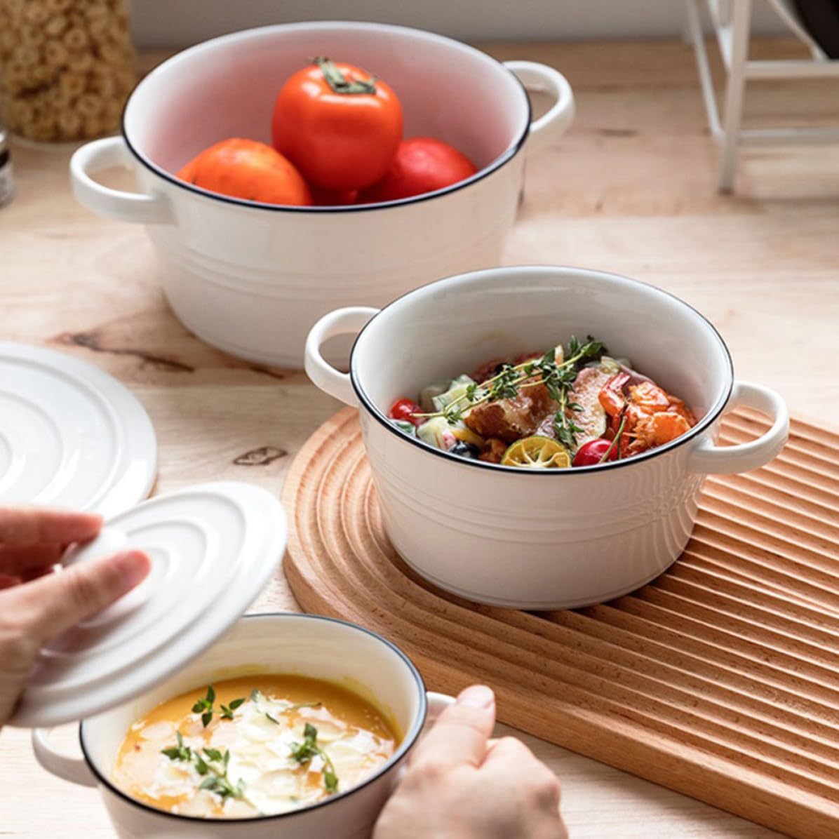 Bol à Soupe, à Double Anse Blanc avec Couvercle en Céramique Résistant la Chaleur et Robuste et Cuisine Repas Maison