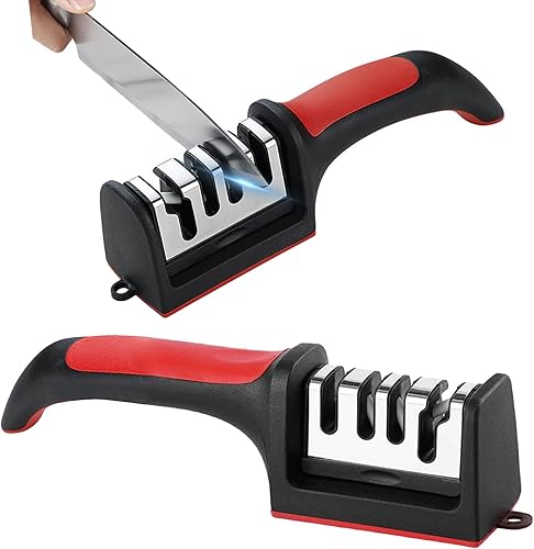 Afilador de cuchillos de cocina de acero inoxidable 4 en 1, diseño ergonómico, ranuras de afilado de 4 etapas para afilar cuchillas de precisión