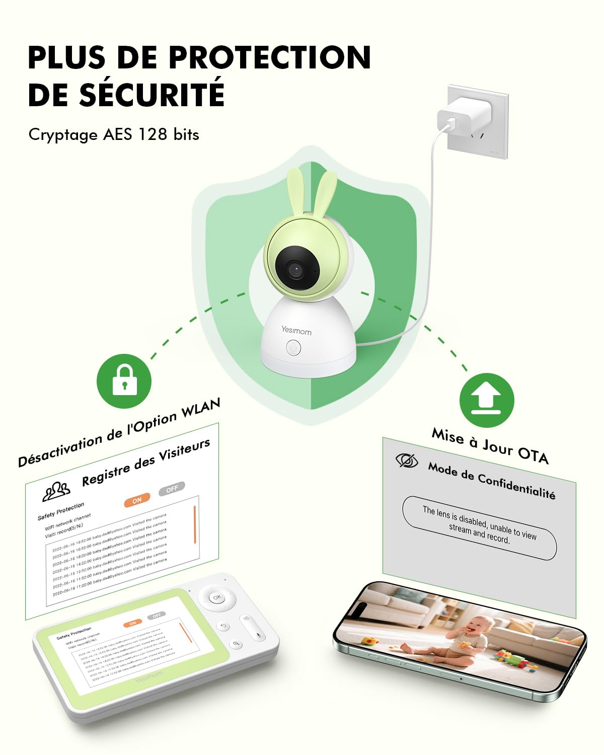 Babyphone Caméra 1080P PTZ 360°, Vision Nocturne Infrarouge, Zoom 4X, Détection de Mouvement et Suivi Automatique