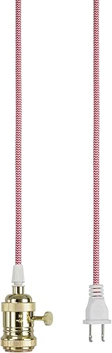 Miniatura 2 de Aspen Creative 21007-2, 1 luz enchufable estilo vintage colgante con enchufe de latón pulido y 20 pies de cable textil rojo y blanco e interruptor