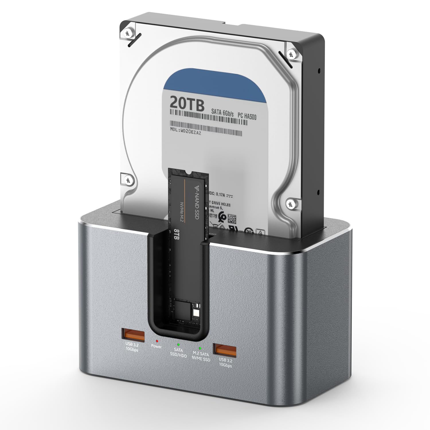 Enclosure per disco rigido a 2 alloggiamenti per HDD/SSD SATA da 2,5" e 3,5" e SSD M.2 NVMe, interfaccia USB 3.2 da 10 Gbps, fino a 28 TB