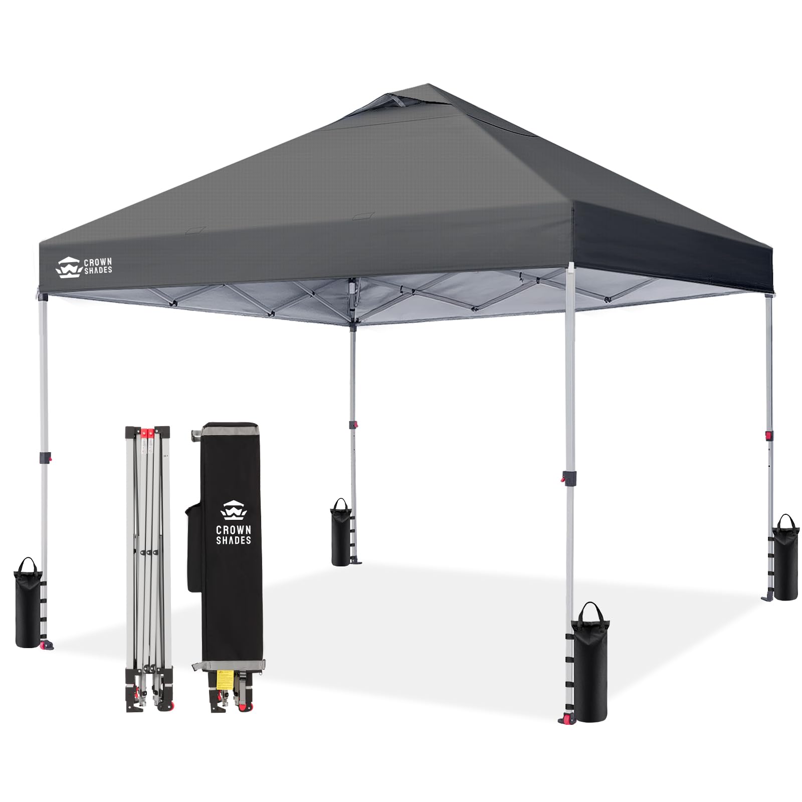 CROWN SHADES 10x10 Pop Up Canopy - Beach Tent with One Push Setup - Easy Outdoor Sun Shade Shelter for Events, Parties - Gazebo with STO-N-Go Cover Bag, Silver Coated Top, Grid Grey