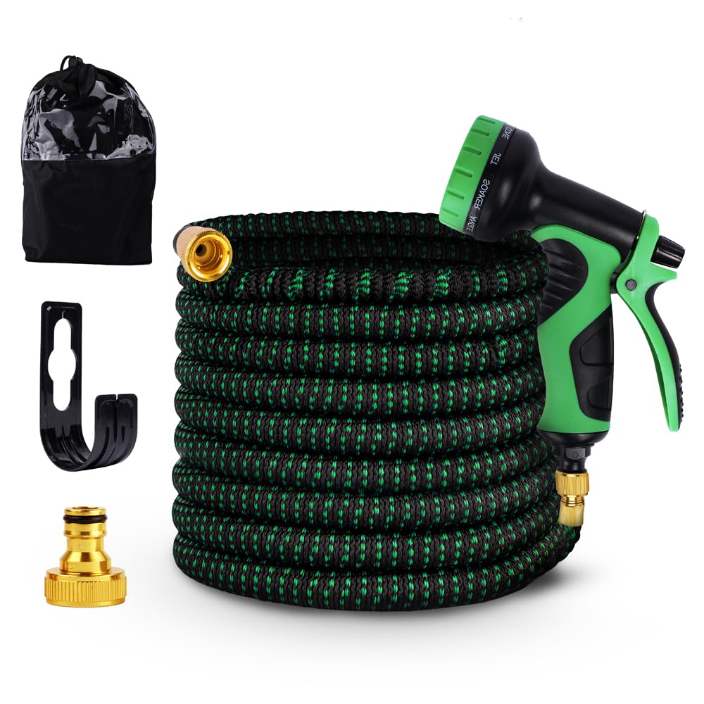 GREEN DYNASTY Expandable Garden Hose, Lightweight Gardening Flexible Leak Proof Hose Pipe, Solid Brass Fittings | 3X Expanding Flexible Latex Water Hose with Spray Nozzle | Green, 25 Feet