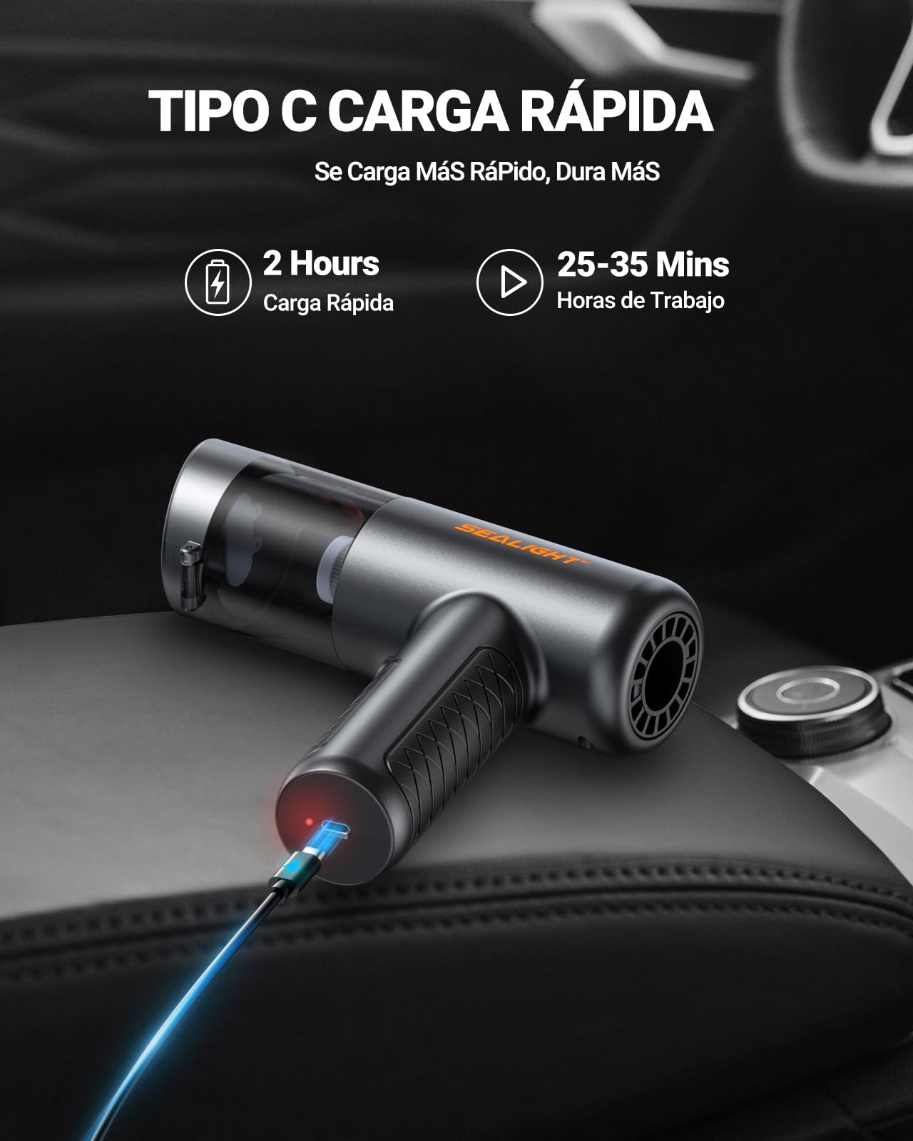 SEALIGHT Aspirador de Mano, 32000PA Aspiradora de Coche, 4 en 1 Aspirador Coche con Motor Sin Escobillas, Aciado Automático de un Toque, Mini Aspiradora Sin Cable para Pelo de Mascotas, Coche, Hogar