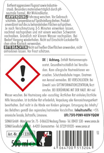 SONAX FlugrostEntferner (500 ml) entfernt Aggressive Flugrost-Rückstände sowie Industriestaub von Allen Lacken | Art-Nr. 05132000