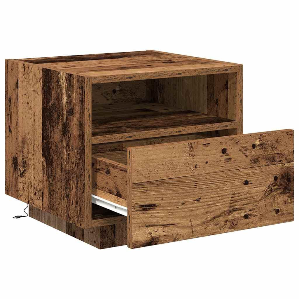 Zestaw 2 stolików nocnych, stare drewno z materiału drewnopochodnego, 40 x 39 x 37 cm, z szufladą, półką, paskiem LED i źródłem zasilania USB, do sypialni, łóżka, salonu, korytarza