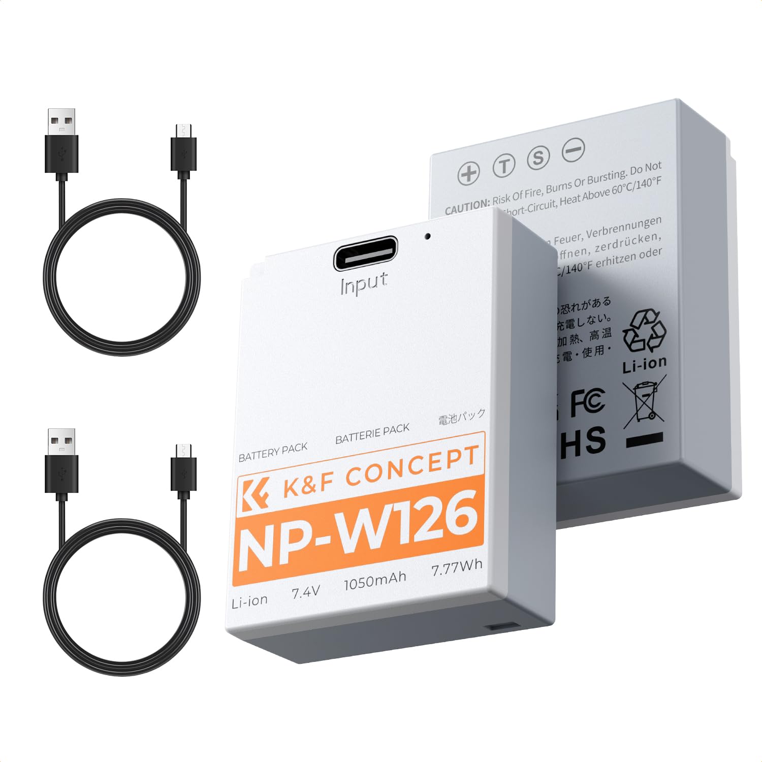 K&F CONCEPT NP-W126S NP-W126 Baterías Paquete de 2x1050mAh Baterías de Carga Directa de USB-C Compatible con Fujifilm X100VI, XM5, XE5, X Half, X-S10, XT30, XT30 II, X100V, XS10, XT50