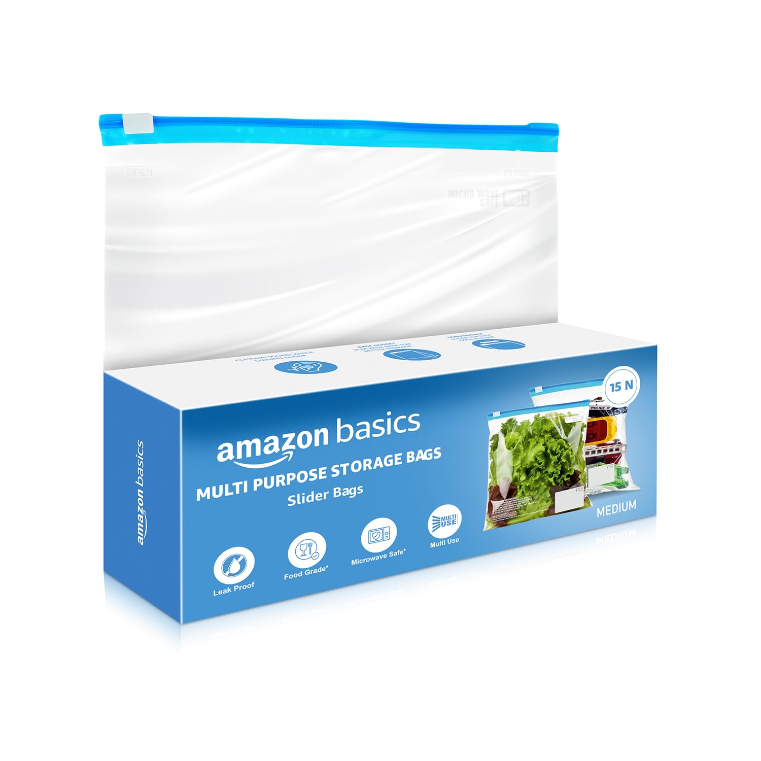 Amazon Basics – Multipurpose Slider Storage Bags | 15 Bags | Medium | 26 x 28 cm | Reusable and Reclosable | Material Plastic | Leak- Proof | Food Grade | Microwave Safe