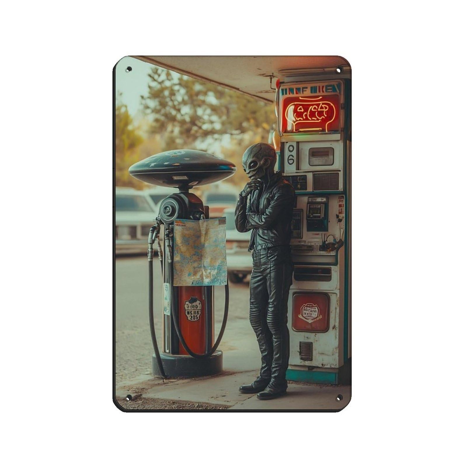 Retro Sci-Fi Alien Gas Station Retro Poster Metal Tin Sign Chic Art Retro Iron Painting Bar People Cave Cafe Family Garage Poster Wall Decoration 8x12inch(20x30cm)