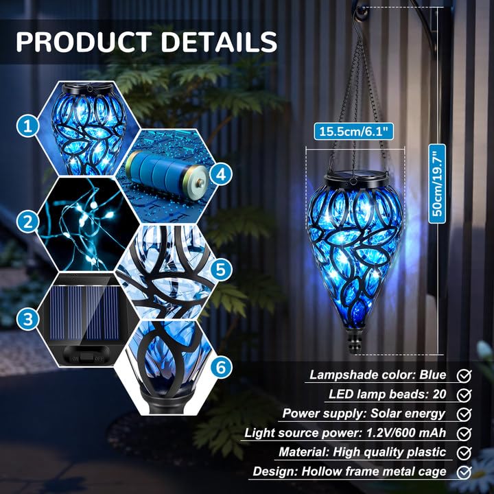 Teardrop Solar Lights Outdoor Garden, Waterproof IP44, Decorative Hanging Solar Lanterns for Outside with 20 LED Lights - Image 2