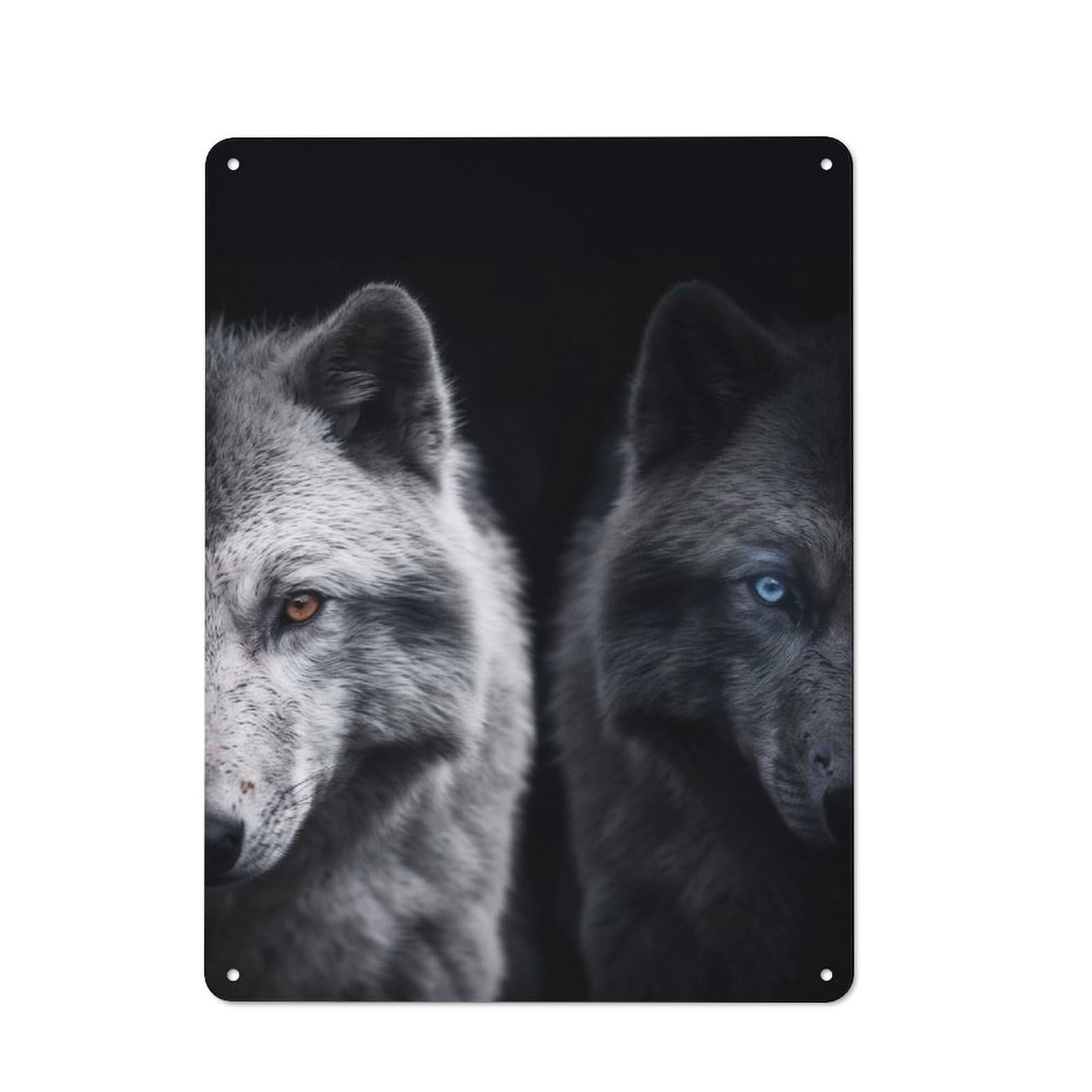 Junmoney Style Metal Plaque 40X30cm With Black Wolf With Blue Eyes For Hallway Wall, Retro Decor, For Themed Interiors In Hallways And Entrance Areas