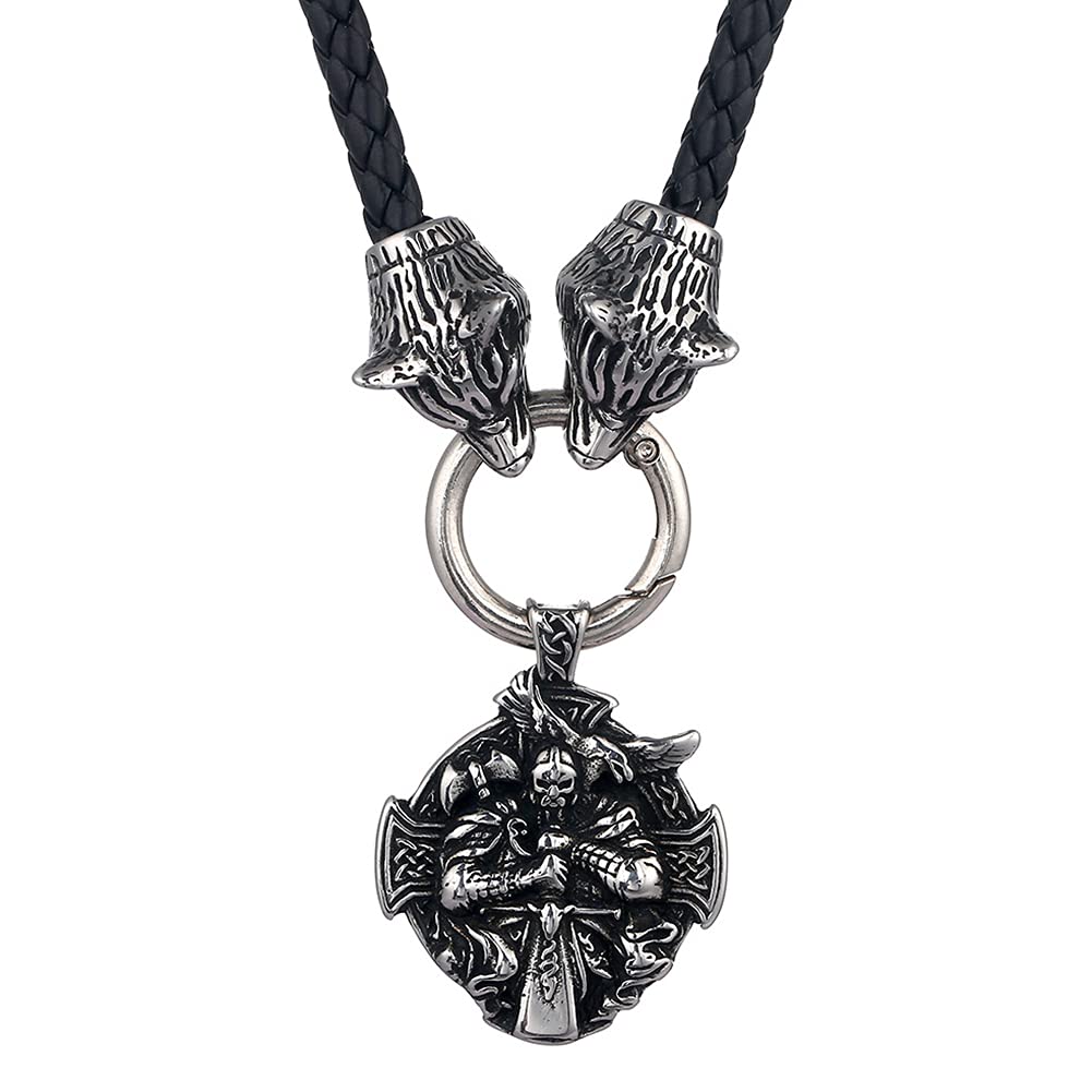 YABEME Herren Wikinger Halskette, Edelstahl Vintage Hochleistungs Odin Amulett Anhänger Geflochtene Leder Wolf Kopf Seil Kette Biker Schmuck, Mit Valknut Rune Geschenktüte
