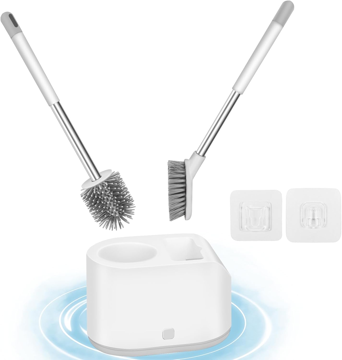 Silicone Toilet Brush And Holder Bathroom Set, TPR None Slip Long Plastic Handle And Soft Flexible Silicone Bristles, Includes Anti-drip Base Holder ( White