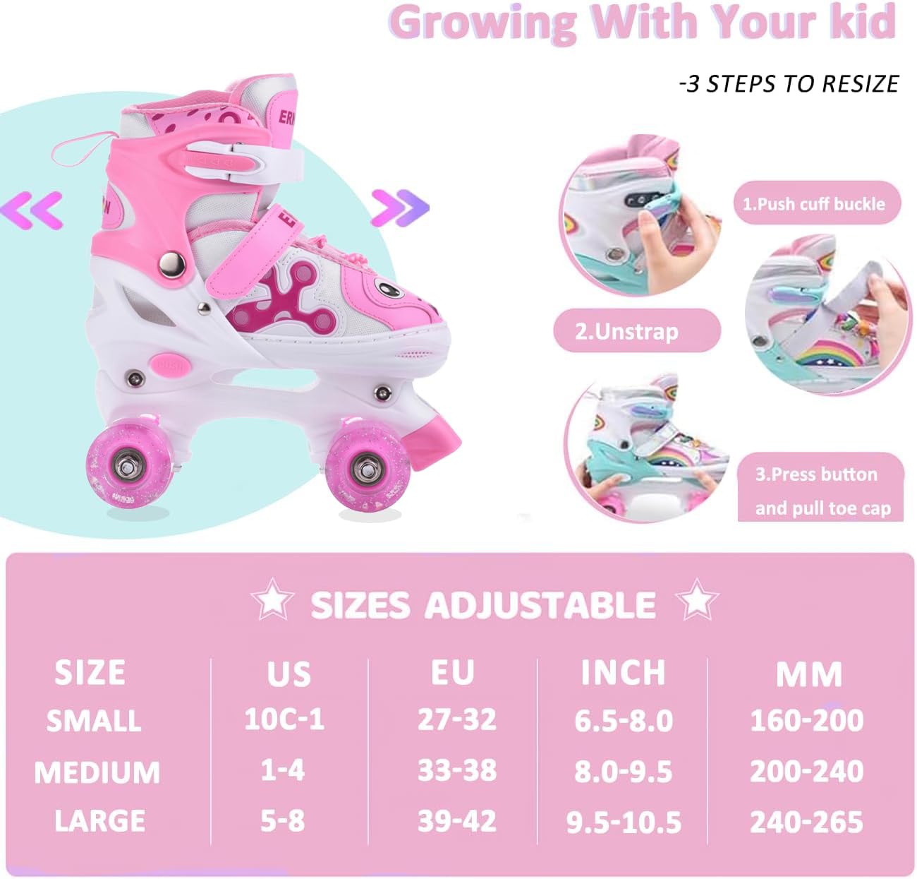 ERNAN Roller Enfant 4 Taille Réglable 8 Roues Lumineuses Patins à Roulettes Débutants