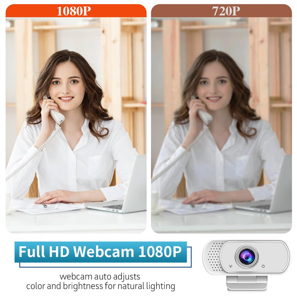 Webcam per PC, webcam HD 1080P con microfono, grandangolo a 110°, USB Plug & Play, cancellazione del rumore per videochiamate, streaming, giochi, otturatore per privacy integrato e treppiede