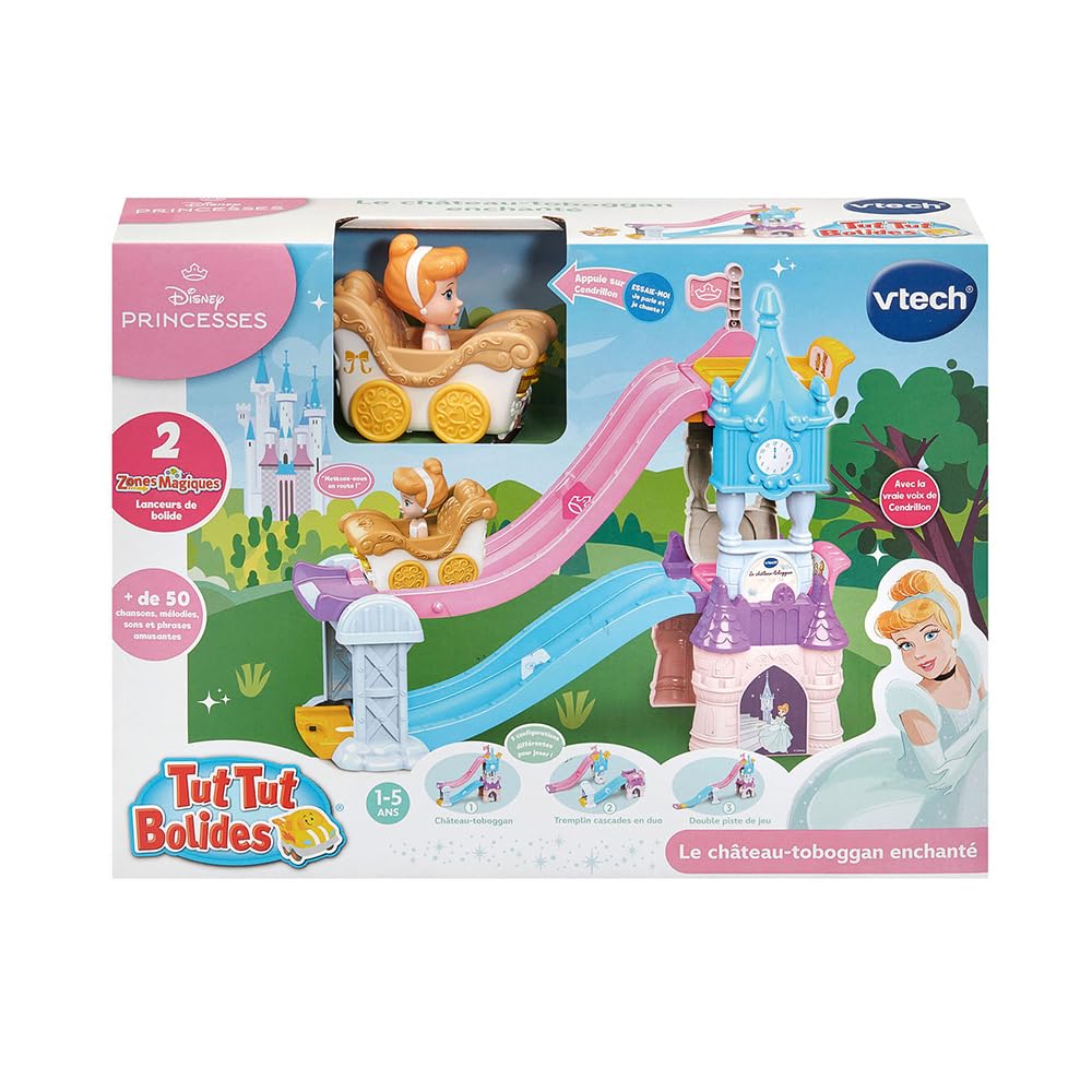 VTech - Tut Tut Bolides Disney Princesses, Le Château-Toboggan Enchanté avec Carrosse de Mariage de Cendrillon, Circuit Voitures, 2 Zones Magiques, Cadeau Enfant de 1 an à 5 Ans - Contenu en Français