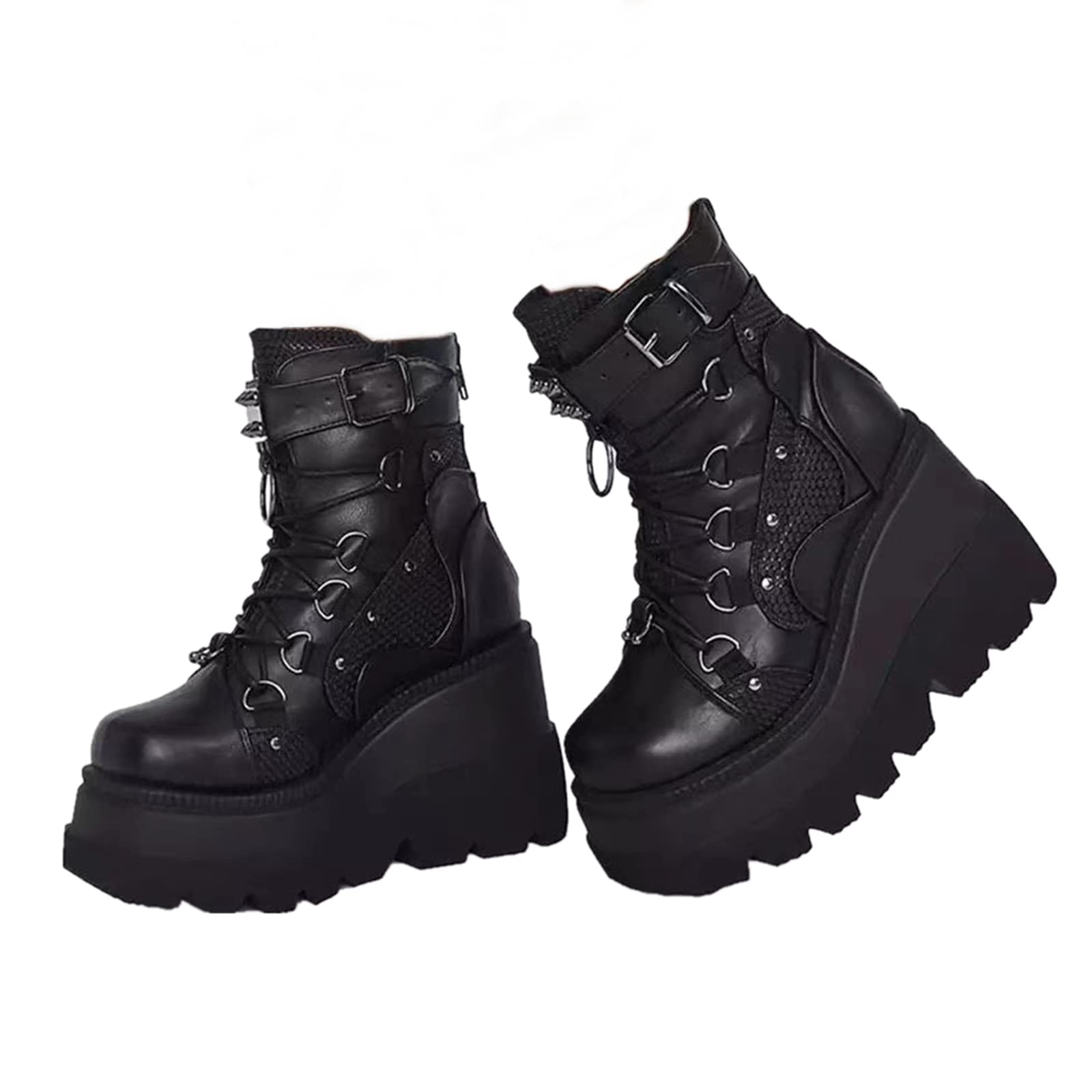 Womens High Heel Combat Boots Square Toe Lace up Zip High Heel Wedge Boots Chunky Platform Ankle Boots