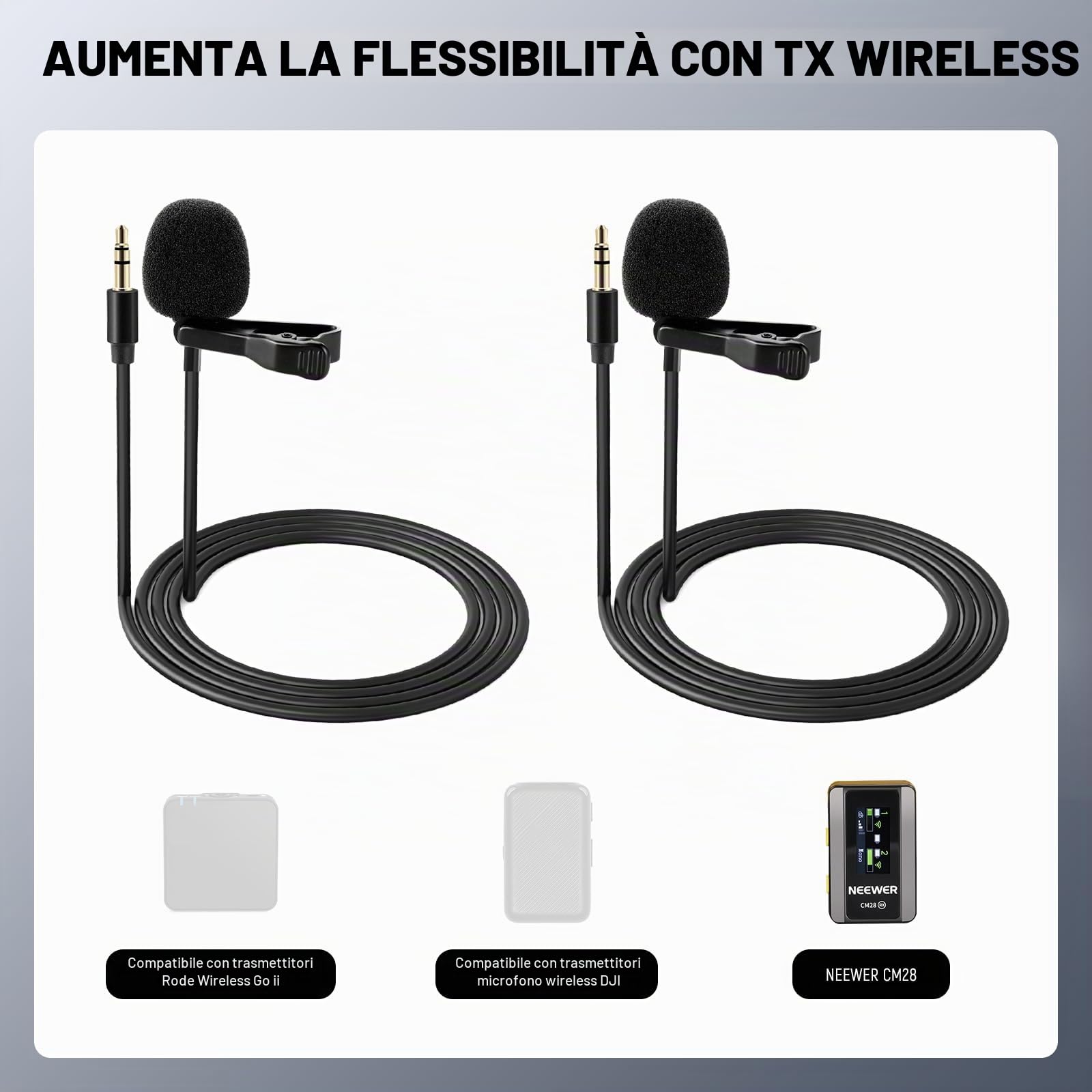 NEEWER Microfono Lavalier da Bavero a Condensatore Omnidirezionale con Clip/Cavo, 2pz Lav Mic per Palco YouTube Streaming Live, Compatibile con Rode Wireless GO II 2 DJI Trasmettitore Mic Wireless,CM5