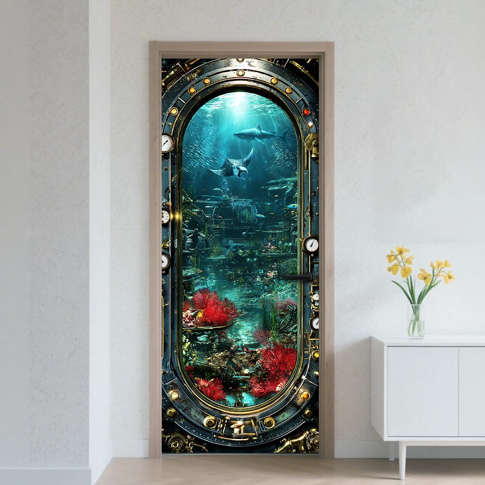 CRAFTYMELODY Door Sticker Peel Stick Removable Self Adhesive Door Mural Decal Vinyl PVC Waterproof Door Cover Wallpaper for Home Office Shop Decoration 31.48×78.74 Inch Marine Life Ocean Theme